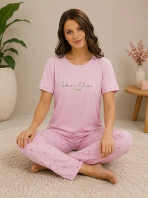 Pijamoni Milan Kumaş Kısa Kollu Kadın Ikili Pijama Takımı