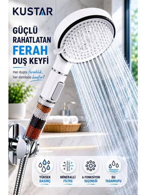 Kustar Yeni Nesil 5 Fonksiyonlu Filtreli Duş Başlığı | Yüksek Basınçlı Tasarruflu Duş Başlığı | Stop Butonlu Kireç Önleyici Mineral Filtreli 12 cm