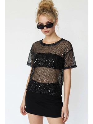 Mixray 2135 Kadın Payetli Transparan File Bluz Siyah Bisiklet Yaka Regular Kalıp Polyester Kumaş