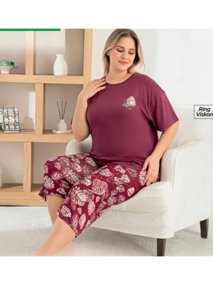 Pijamoni Kadın Ring Viskon Bisiklet Yaka Kısa Kol Kaprili Ince Pijama Takımı Büyük Beden
