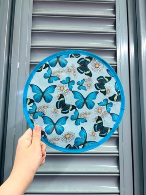D2listone Desenli Katlanabilir Yuvarlak Yazlık Taşınabilir El Yelpazesi Mavi Kelebekler  25CM