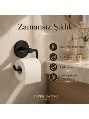 Alper Banyo Rosa Model Siyah Tuvalet Kağıtlığı, 304 Paslanmaz Çelik Açık Tuvalet Kağıdı Askısı, Yapışkanlı ve Vidalı Montajlı, 5 Yıl Garantili