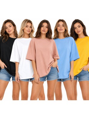 POLYMOOD Kadın 5'li Set Oversize %100 Organik Pamuk Yakası Ribanalı T-Shirt