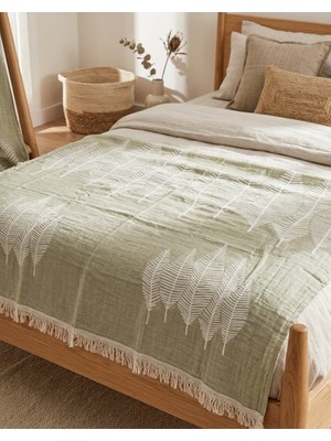 Livoras Home Müslin Pamuklu 220 x 240CM Çift Kişilik Pike Yeşil - Beyaz