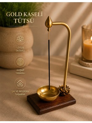 Prusias Wood Lotus Detaylı Gold Tasarımlı Tütsülük Ahşap Tabanlı Dekoratif Stand