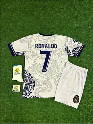 Real Madrid Cristiano Ronaldo Beyaz Dragon Özel Tasarım Çocuk Forması 4'lü Armalı Set