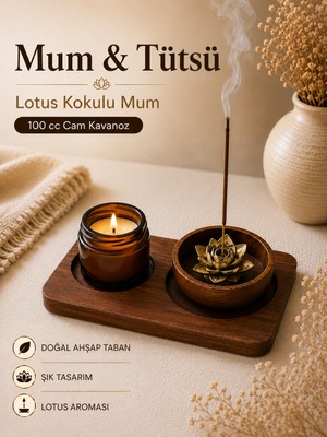 Prusias Wood Lotus Kokulu Mum & Tütsülük Seti | Doğal Ahşap Tabanlı Dekoratif Mumluk ve Lotus Tütsü Tutucu