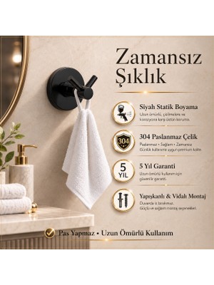 Alper Banyo Rosa Model Siyah Ikili Bornoz ve Havlu Askısı, 304 Paslanmaz Çelik Yapışkanlı ve Vidalı Askılık, 5 Yıl Garantili