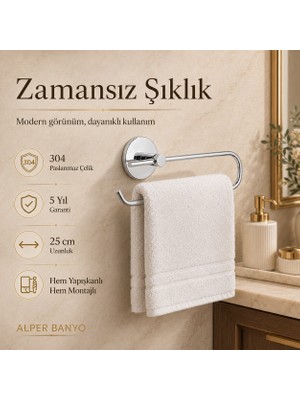 Alper Banyo Rosa Model Krom Solo Havlu Askısı 25 Cm, 304 Paslanmaz Çelik Havluluk, Yapışkanlı ve Vidalı Montajlı, 5 Yıl Garantili