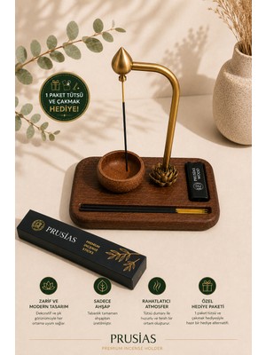 Prusias Wood Lotus Çiçekli Ahşap Tütsülük + Çakmaklık ve Tütsü Saklama Alanlı + Çakmak ve 1 Paket Tütsü Hediyeli