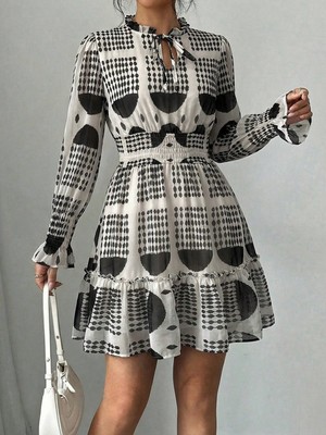 Mass Fashion Kadın Desenli Kısa Şifon Elbise