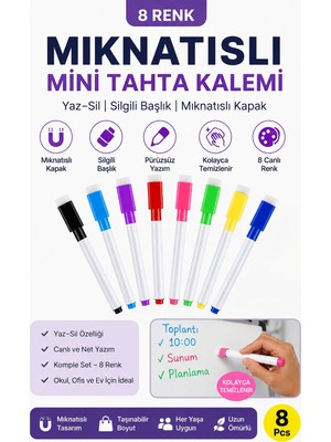 Dünya Magnet Silinebilir Mıknatıslı Mini Tahta Kalemi, 8 Renk, Yaz-Sil, Yazı Tahtası Kalemi, Keçeli Silgili Kalem