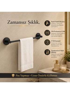 Alper Banyo Rosa Model Siyah Uzun Havlu Askısı, 304 Paslanmaz Çelik 40 cm Uzun Havluluk, Yapışkanlı ve Vidalı Montajlı, 5 Yıl Garantili