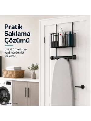 Alper Banyo Siyah Kapı Arkası Ütü Masası Askılığı, Sepetli Ütü ve Aksesuar Düzenleyici, Delmeden Kurulum