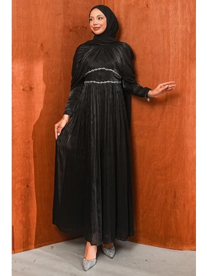 İmaj Butik Siyah Beli Taşlı Drapeli Janjan Abiye