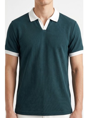 Hadiora Erkek Yeşil Jakarlı Polo Yaka Pamuklu T-Shirt