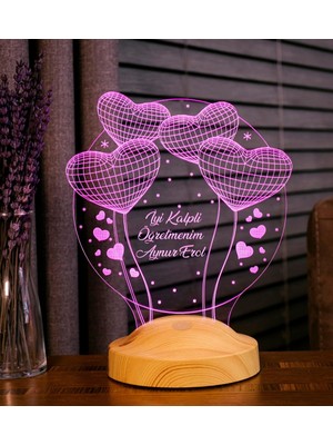 Özel 3D LED Lamba - Balon Kalpli Tasarımlı Öğretmenler Günü ve Mezuniyet Hediyesi Isimli Dekoratif Gece Lambası
