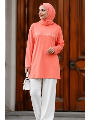 İmaj Butik Pembe Bisiklet Yaka Baskılı Penye Tunik