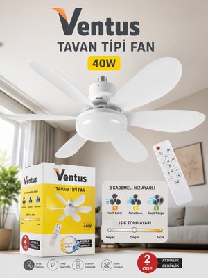 İkel Elektro Ventus 40W Kumandalı Tavan Tipi Fan ve LED Aydınlatma – 3 Kademeli Hız Ayarlı, 3 Renk Işık Modlu