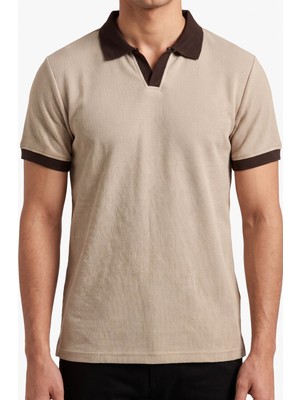 Hadiora Erkek Bej Jakarlı Polo Yaka Pamuklu T-Shirt