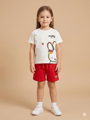 Moda Rüyası Miffy Baskılı Kız Çocuk Şortlu Takım Beyaz Tişört Kırmızı Şort 2-8 Yaş Yazlık Takım