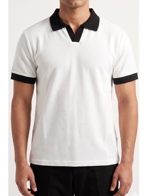 Hadiora Erkek Beyaz Jakarlı Polo Yaka Pamuklu T-Shirt
