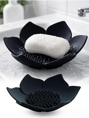 Omilife Siyah Lotus Desenli Silikon Sabunluk Su Giderli Katı Sabun ve Sünger Organizer Banyo Mutfak