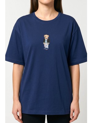 Hadiora Kadın Lacivert Ayıcık Nakışlı Pamuklu T-Shirt