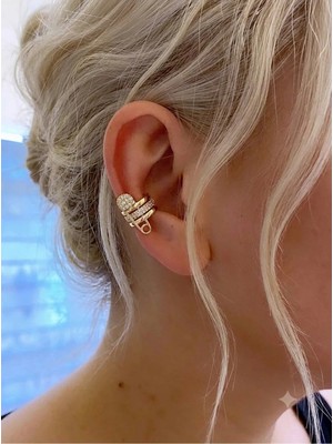 Aycha Aksesuar Vip Çelik Altın Renk Taşlı Çengelli Iğneli Deliksiz Geçirmeli Kıkırdak Küpe Ear Cuff