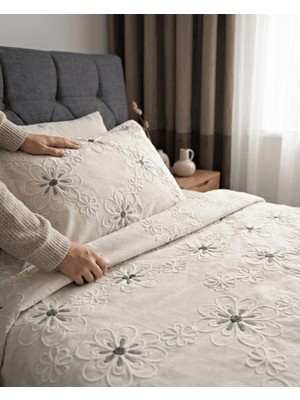 Miar home perde tekstil Miar Tek Kişilik Çiçek Desenli Gri Detaylı Yatak Örtüsü Seti - 1 Adet Yastık Kılıfı Dahil 180 x 260
