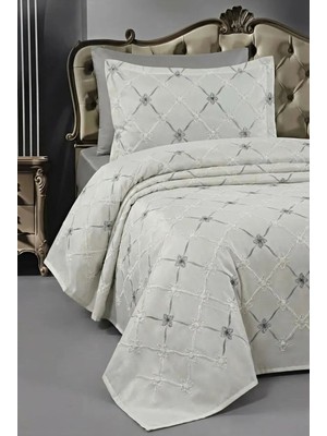 Miar home perde tekstil Miar Tek Kişilik Desenli Gri Detaylı Yatak Örtüsü Seti 1 Adet Yastık Kılıfı Dahil 180 x 260