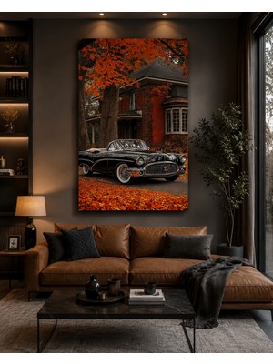 Othello Art Klasik Araba Kanvas Tablo Vintage Amerikan Otomobili Sonbahar Manzarası Dekoratif Salon Ofis Duvar Dekoru Çerçevesiz