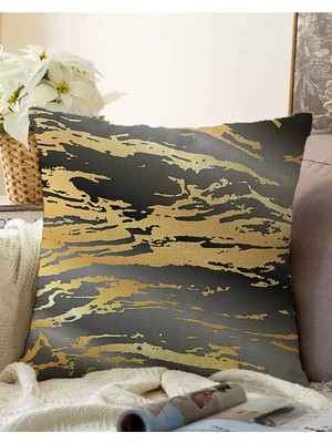 Rem Home Çift Taraflı Siyah Zeminde Gold Renkli Çizim Desenli Dijital Baskılı Modern Raşel Örme Yastık Kılıfı