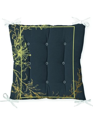 Rem Home Altın Çerçeveli Liliaceae Çiçek Desenli Pofidik Sandalye Minderi
