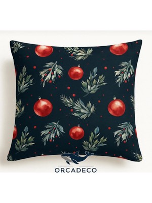 Orcadeco -Yeni Yıl Kırmızı Top & Çam Dalı Desenli Dekoratif Yastık Kılıfı