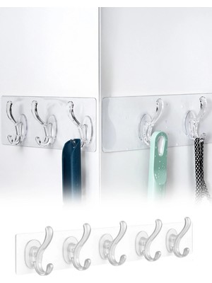 Omilife Yapışkanlı 5 Kancalı Askı Şeffaf Duvar Organizer Banyo Mutfak Çoklu Askı Aparatı