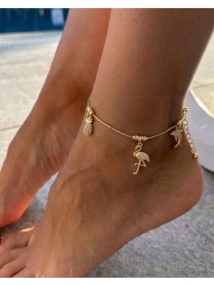 Aycha Aksesuar Flamingo Yunus Balığı Ananas Objeli Gold Halhal