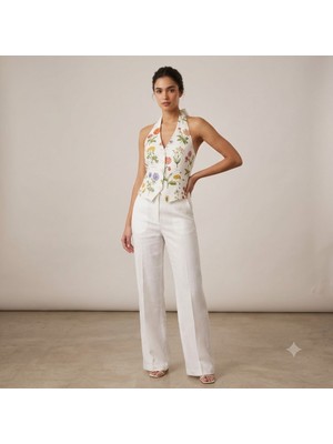 Centilmen Sayteks Çiçek Desenli Halter Yaka Ekru Crop Bluz 2314053