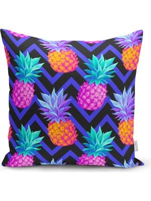 Rem Home Mavi Zigzag Zeminli Ananas Desenli Dekoratif Yastık Kırlent Kılıfı