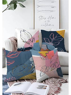 Rem Home 4'lü Çift Taraflı Renkli Bohem Yaprak Çizimli Özel Tasarım Modern Raşel Kırlent Kılıfı Seti 55X55CM