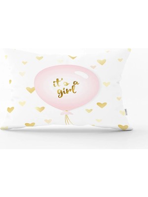 Rem Home Pembe Balon ve Altın Kalpler Özel Tasarımlı Dekoratif Çocuk Odası Dikdörtgen Yastık Kılıfı