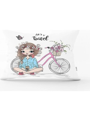 Rem Home Lets Go Travel Çizimli Dijital Baskılı Modern Dikdörtgen Yastık Kırlent Kılıfı