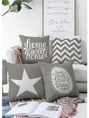 Rem Home Gri Zemin Home Sweet 4'lü Çift Taraflı Raşel Örme Yastık Kırlent Kılıf Seti