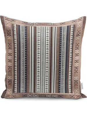 Rem Home Kahverengi Zeminde Kilim Motifli Yöresel Desenli Dijital Baskılı Yastık Kırlent Kılıfı