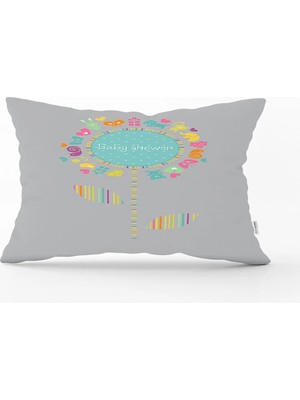Rem Home Gri Zeminde Baby Shower Tasarımlı Çocuk Odası Dikdörtgen Yastık Kılıfı