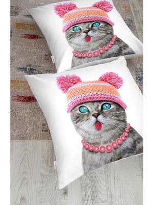 Rem Home Şapkalı Mavi Gözlü Sevimli Kedi Baskılı Yer Minderi (1000GR Iç Dolgulu)