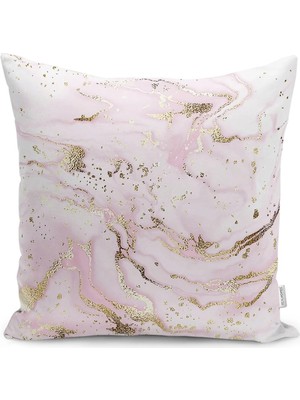 Rem Home Pembe - Gold Zeminde Altın Motifli Mermer Desenli Dijital Baskılı Yastık Kırlent Kılıfı