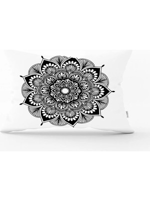 Rem Home Beyaz Zeminde Çiçek Mandala Desenli Dikdörtgen Kırlent Kılıfı