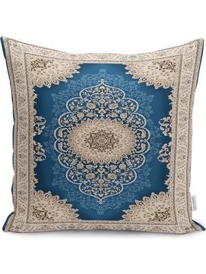 Rem Home Mavi Zeminde Göbekli Halı Motifli Kilim Desenli Dijital Baskılı Yastık Kırlent Kılıfı