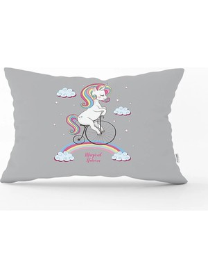 Rem Home Gri Zeminde Bisiklet ve Unicorn Tasarımlı Çocuk Odası Dikdörtgen Yastık Kılıfı